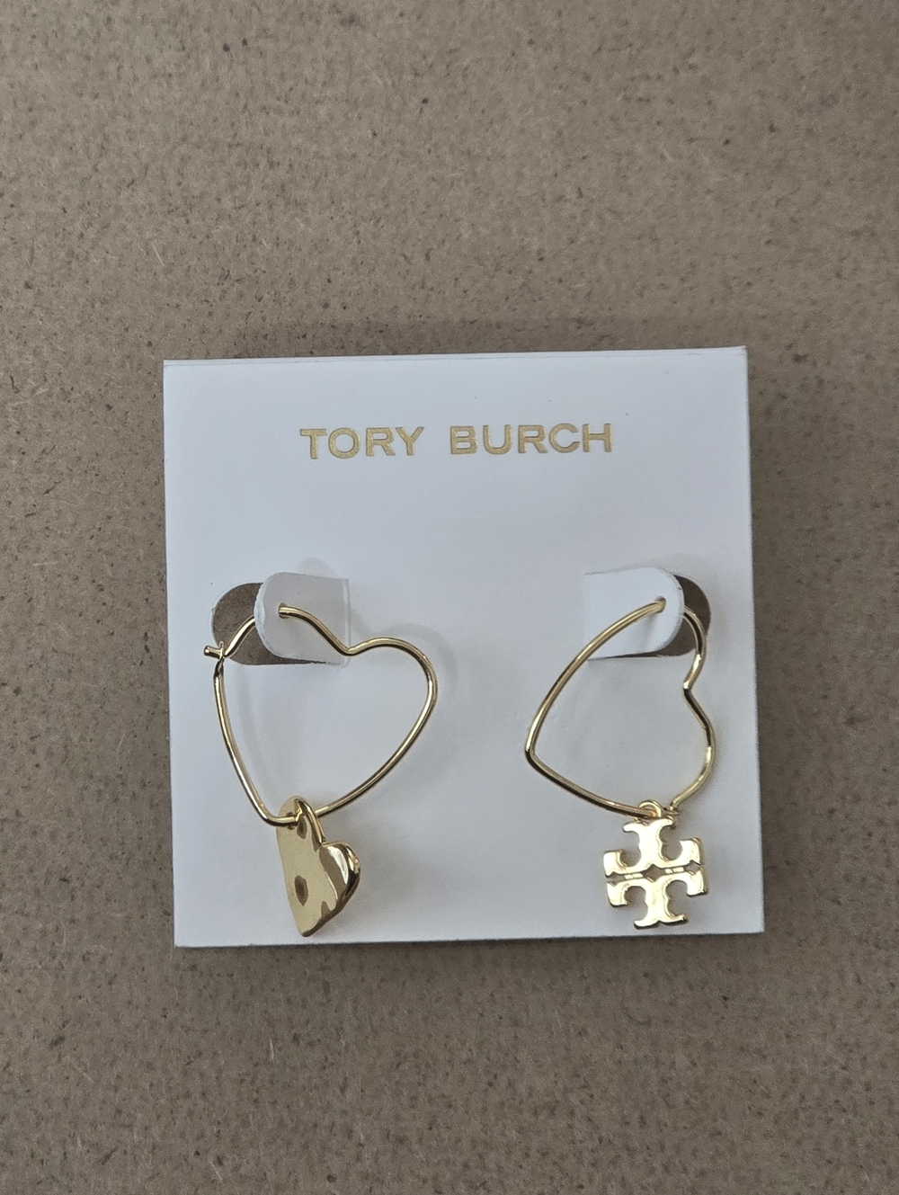Tory Burch Gold Heart Hoop Earrings with Logo Charm